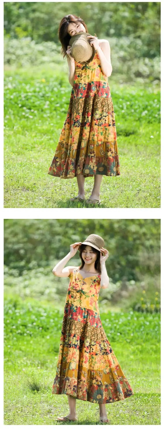 Women’s Bohemian Patchwork Midi Dress - Cotton Linen Blend Flowy Summer Sundress Casual Boho Style