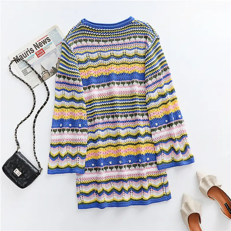 Bohemian Color Block Striped Knit Crochet Sweaters Dress Autumn Women’s Long Sleeve Crew Neck Mini Bodycon Dress
