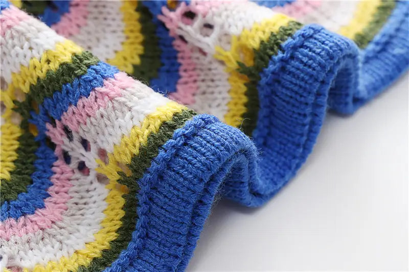 Bohemian Color Block Striped Knit Crochet Sweaters Dress Autumn Women’s Long Sleeve Crew Neck Mini Bodycon Dress