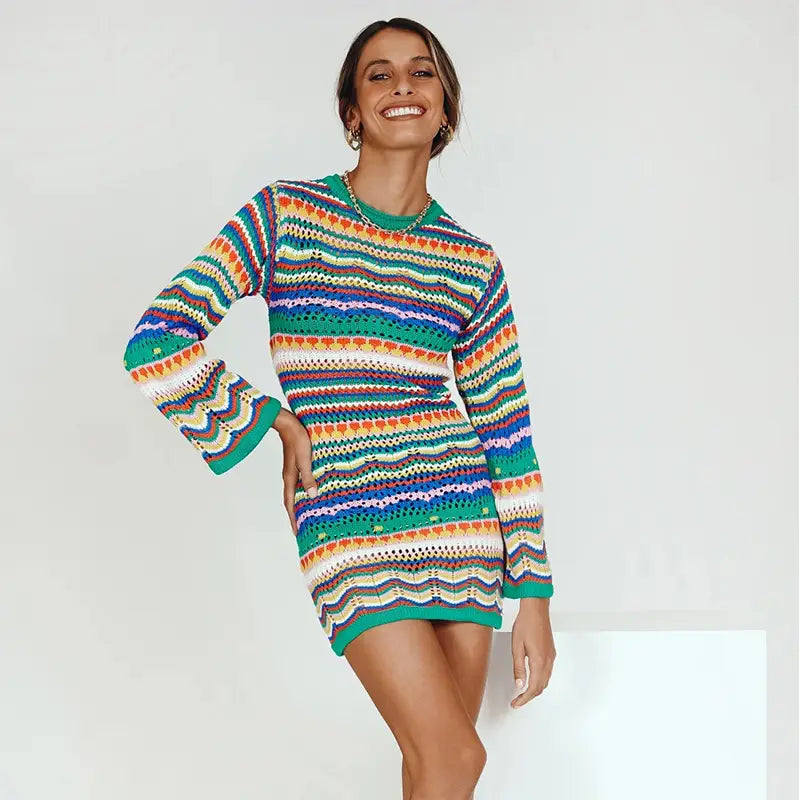 Bohemian Color Block Striped Knit Crochet Sweaters Dress Autumn Women’s Long Sleeve Crew Neck Mini Bodycon Dress