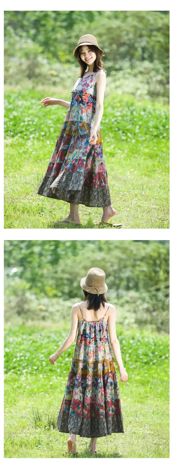 Women’s Bohemian Patchwork Midi Dress - Cotton Linen Blend Flowy Summer Sundress Casual Boho Style