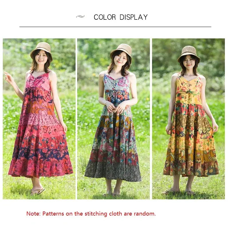 Women’s Bohemian Patchwork Midi Dress - Cotton Linen Blend Flowy Summer Sundress Casual Boho Style