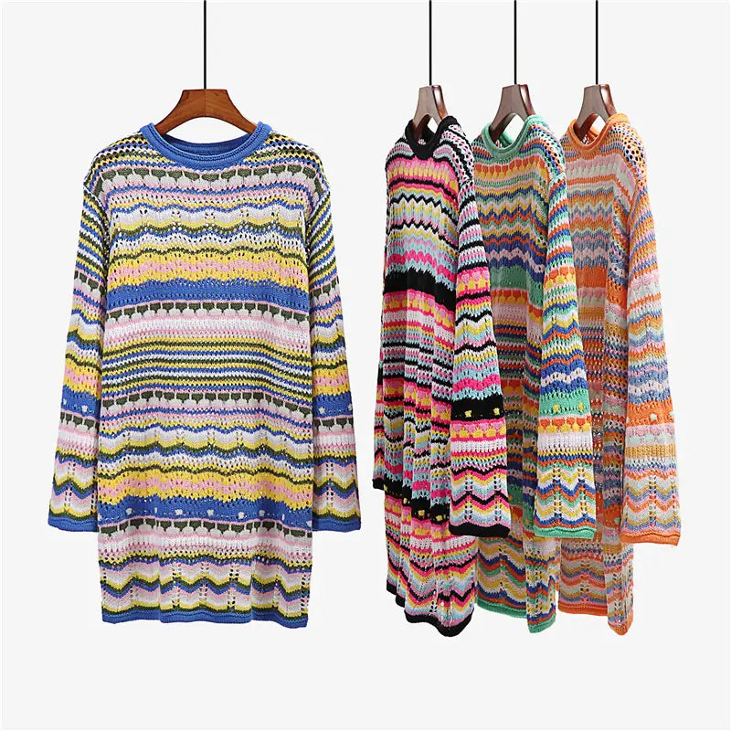 Bohemian Color Block Striped Knit Crochet Sweaters Dress Autumn Women’s Long Sleeve Crew Neck Mini Bodycon Dress