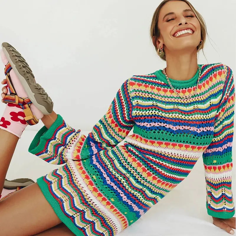 Bohemian Color Block Striped Knit Crochet Sweaters Dress Autumn Women’s Long Sleeve Crew Neck Mini Bodycon Dress