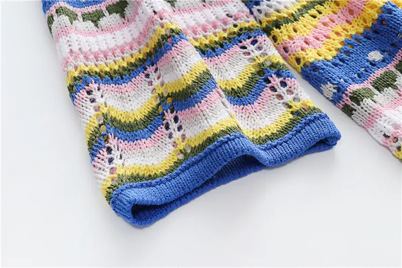 Bohemian Color Block Striped Knit Crochet Sweaters Dress Autumn Women’s Long Sleeve Crew Neck Mini Bodycon Dress