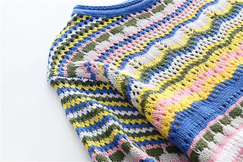 Bohemian Color Block Striped Knit Crochet Sweaters Dress Autumn Women’s Long Sleeve Crew Neck Mini Bodycon Dress