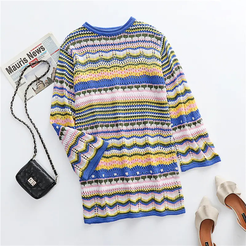 Bohemian Color Block Striped Knit Crochet Sweaters Dress Autumn Women’s Long Sleeve Crew Neck Mini Bodycon Dress
