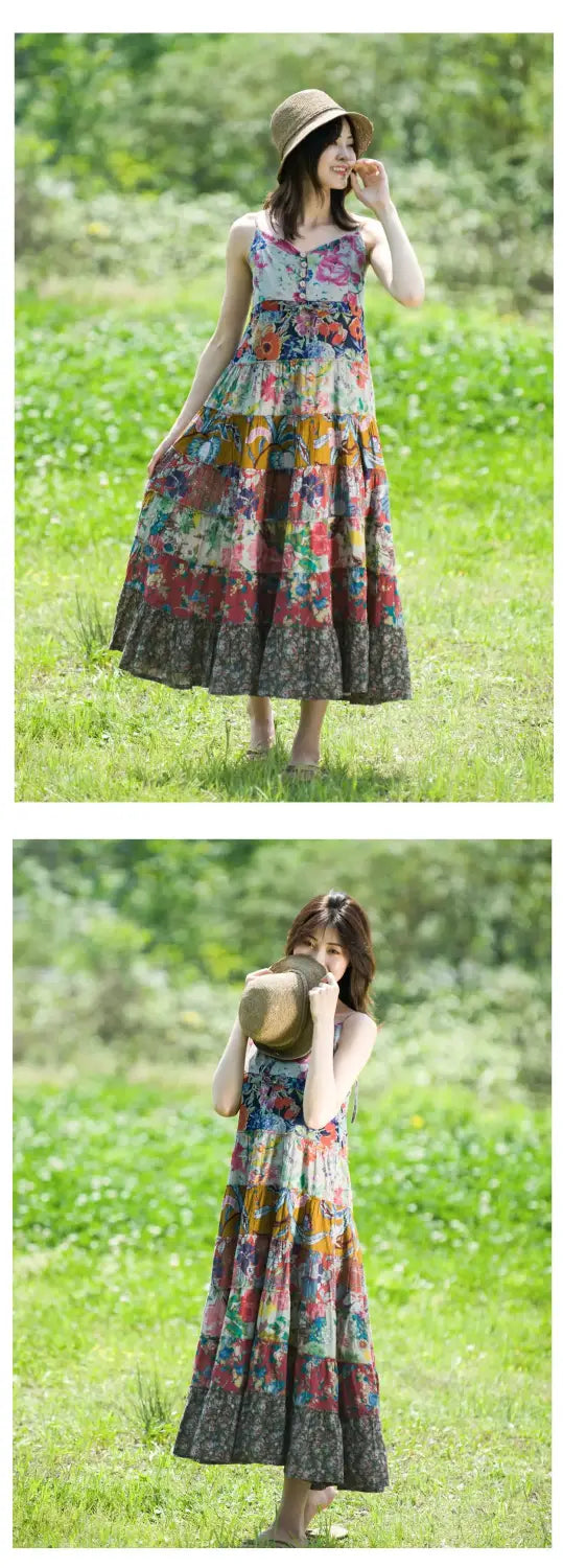 Women’s Bohemian Patchwork Midi Dress - Cotton Linen Blend Flowy Summer Sundress Casual Boho Style