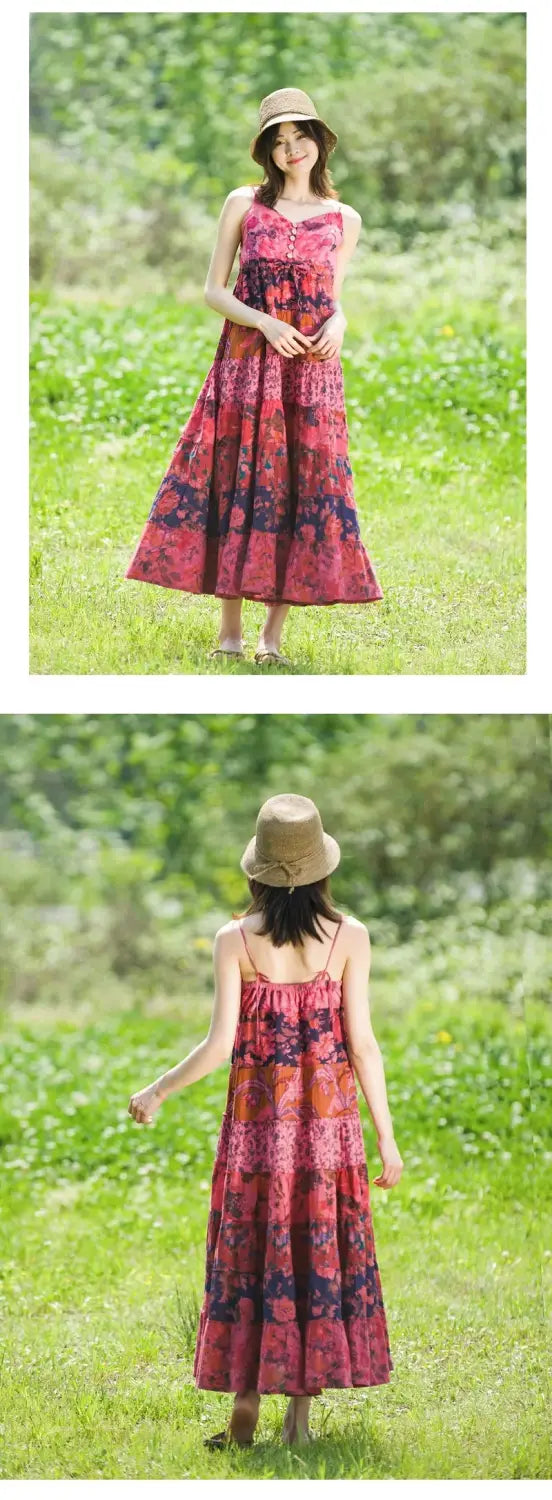 Women’s Bohemian Patchwork Midi Dress - Cotton Linen Blend Flowy Summer Sundress Casual Boho Style