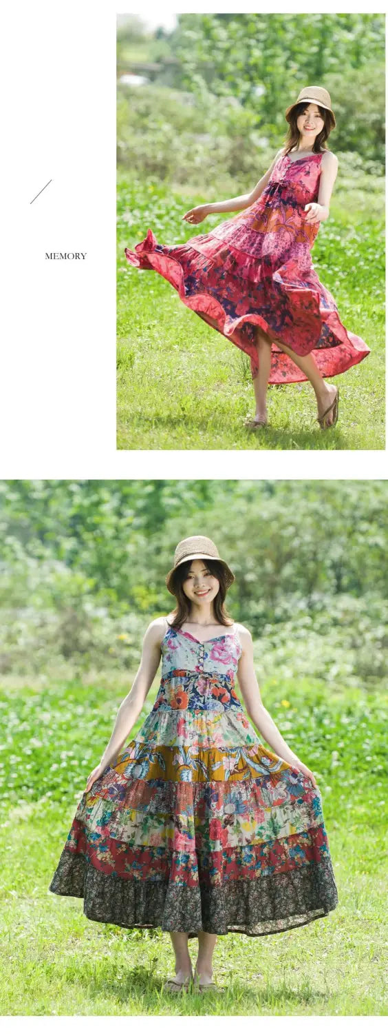 Women’s Bohemian Patchwork Midi Dress - Cotton Linen Blend Flowy Summer Sundress Casual Boho Style