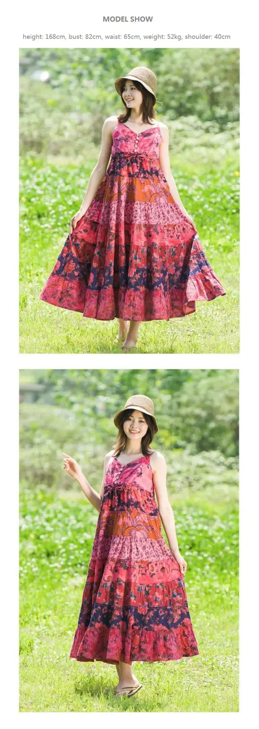 Women’s Bohemian Patchwork Midi Dress - Cotton Linen Blend Flowy Summer Sundress Casual Boho Style