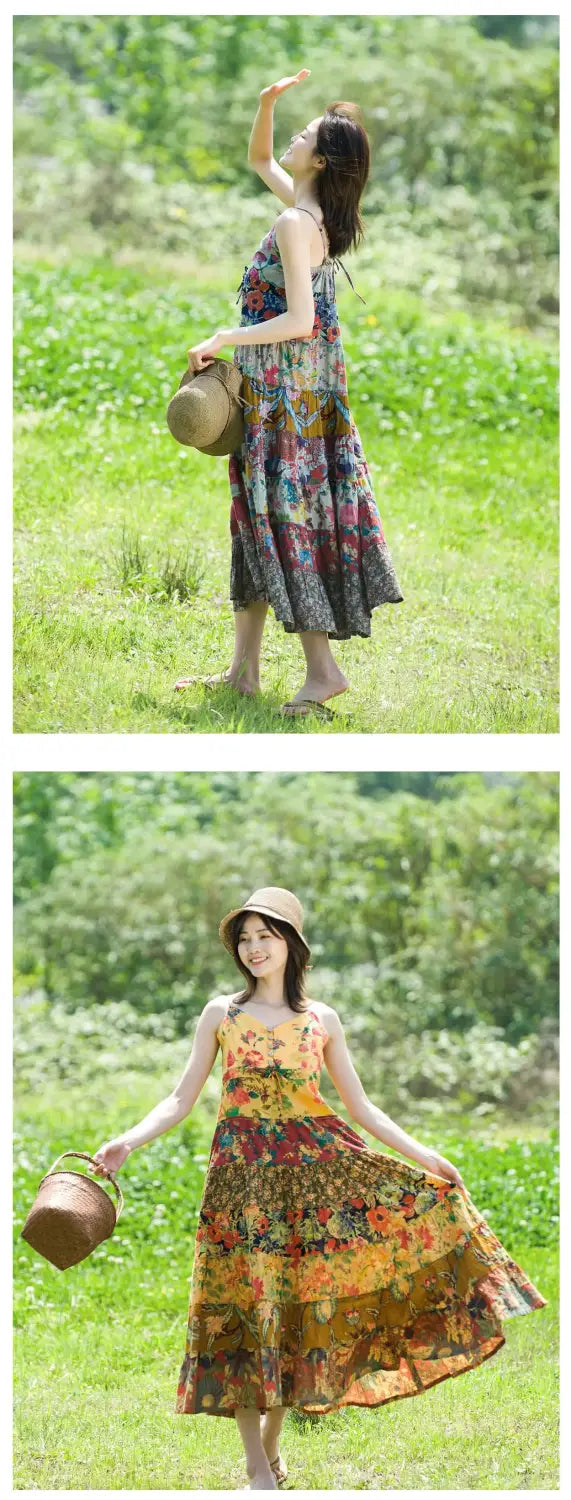 Women’s Bohemian Patchwork Midi Dress - Cotton Linen Blend Flowy Summer Sundress Casual Boho Style