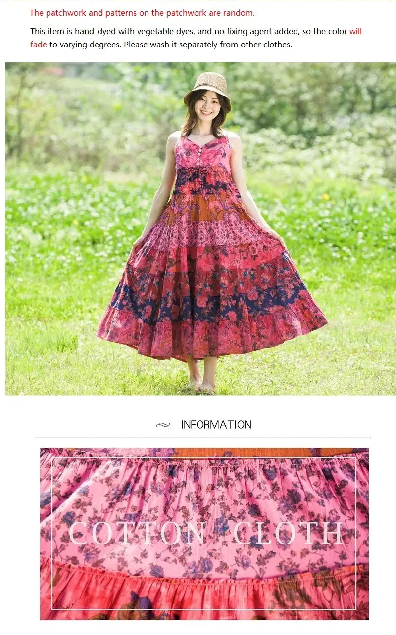Women’s Bohemian Patchwork Midi Dress - Cotton Linen Blend Flowy Summer Sundress Casual Boho Style