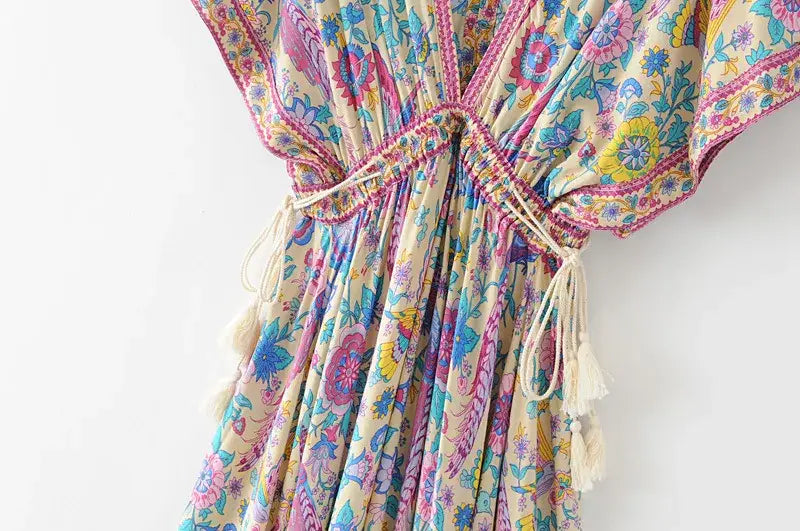 Boho Queens Women Peacock Floral Print Bat Sleeve Beach Bohemian Maxi Dresses Ladies V Neck Tassel Summer Dress