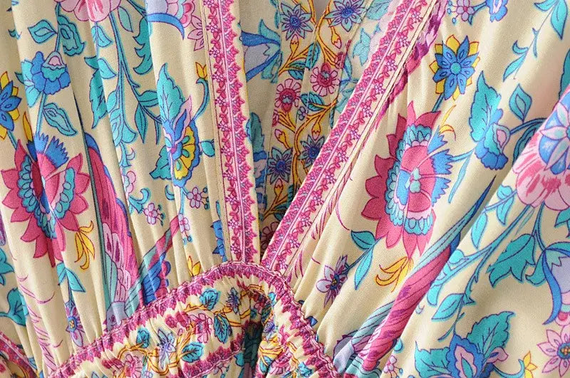 Boho Queens Women Peacock Floral Print Bat Sleeve Beach Bohemian Maxi Dresses Ladies V Neck Tassel Summer Dress