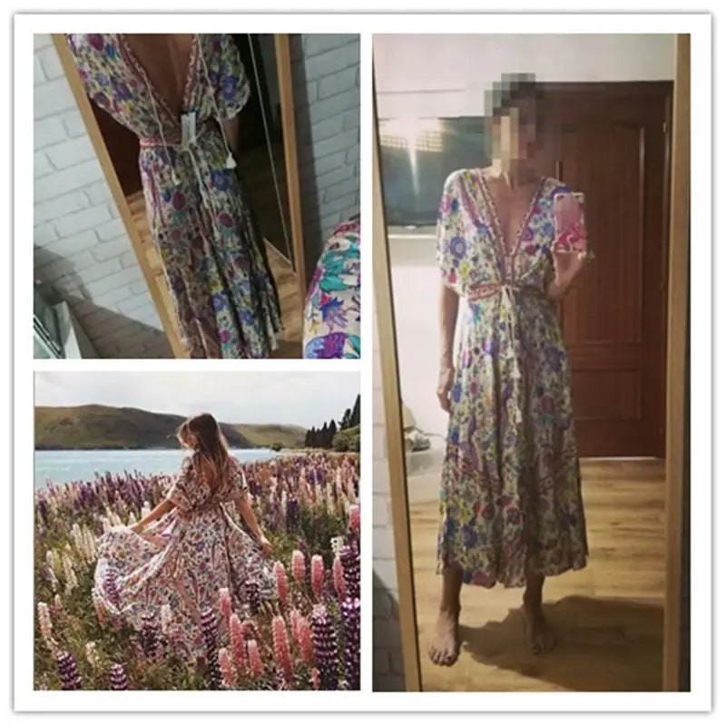 Boho Queens Women Peacock Floral Print Bat Sleeve Beach Bohemian Maxi Dresses Ladies V Neck Tassel Summer Dress