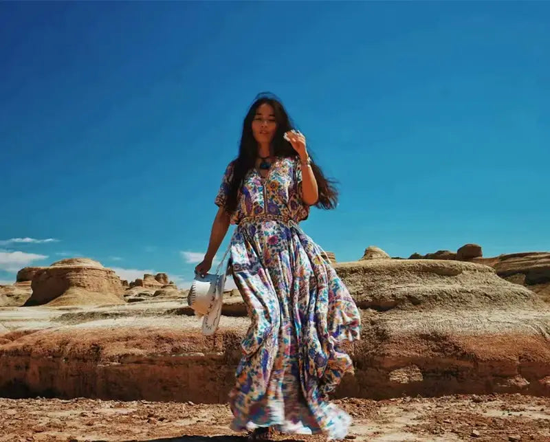 Boho Queens Women Peacock Floral Print Bat Sleeve Beach Bohemian Maxi Dresses Ladies V Neck Tassel Summer Dress