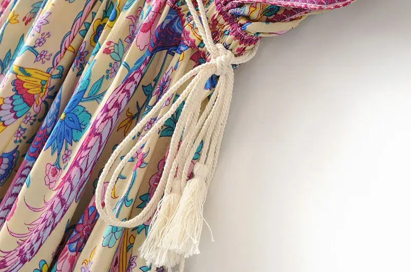 Boho Queens Women Peacock Floral Print Bat Sleeve Beach Bohemian Maxi Dresses Ladies V Neck Tassel Summer Dress