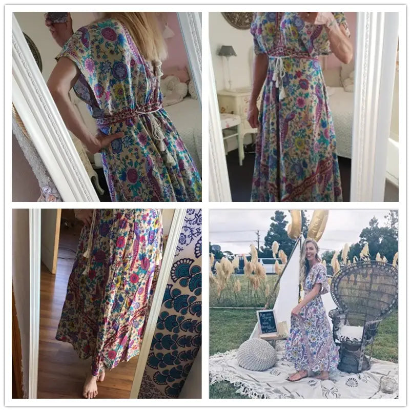 Boho Queens Women Peacock Floral Print Bat Sleeve Beach Bohemian Maxi Dresses Ladies V Neck Tassel Summer Dress
