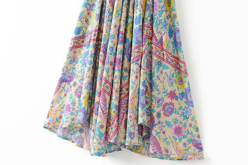 Boho Queens Women Peacock Floral Print Bat Sleeve Beach Bohemian Maxi Dresses Ladies V Neck Tassel Summer Dress