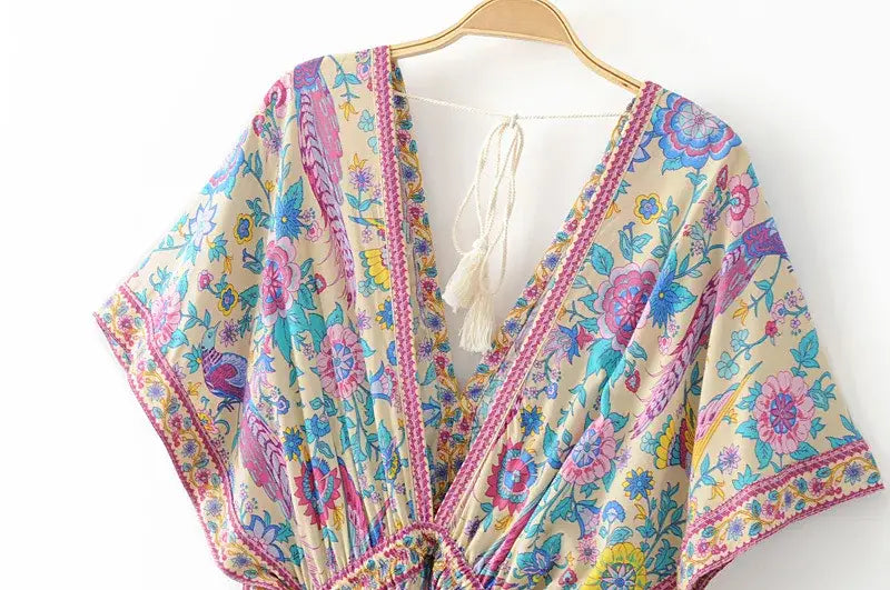 Boho Queens Women Peacock Floral Print Bat Sleeve Beach Bohemian Maxi Dresses Ladies V Neck Tassel Summer Dress