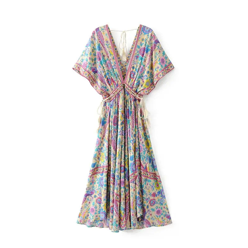 Boho Queens Women Peacock Floral Print Bat Sleeve Beach Bohemian Maxi Dresses Ladies V Neck Tassel Summer Dress