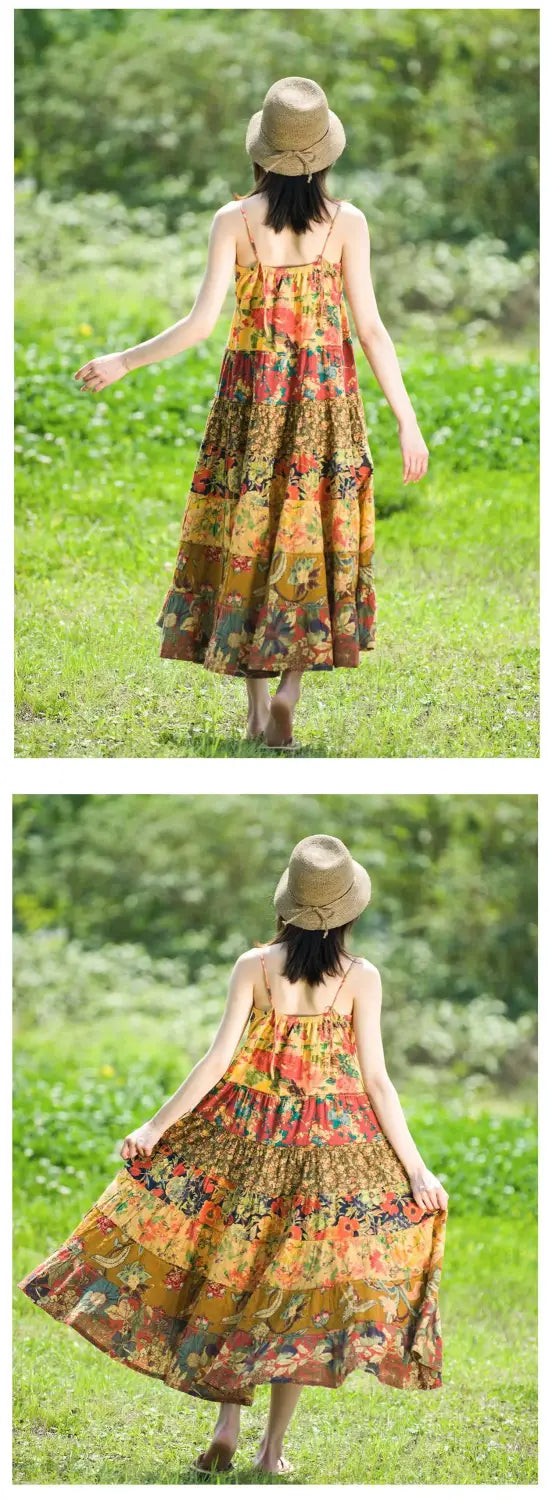 Women’s Bohemian Patchwork Midi Dress - Cotton Linen Blend Flowy Summer Sundress Casual Boho Style