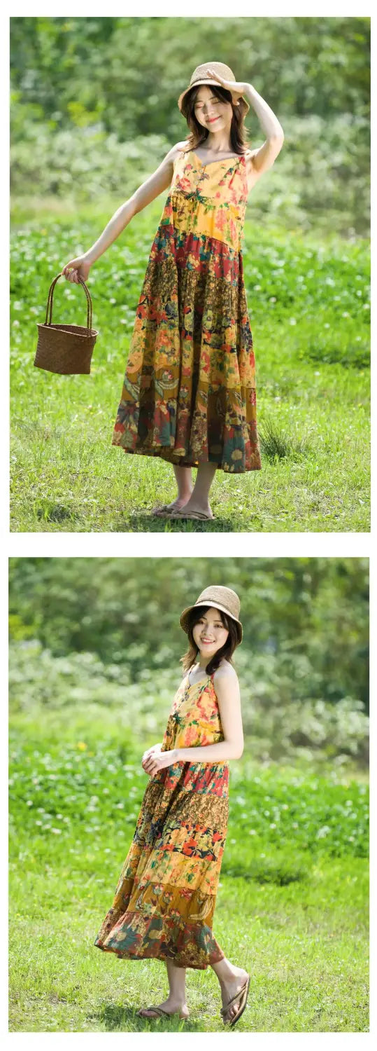 Women’s Bohemian Patchwork Midi Dress - Cotton Linen Blend Flowy Summer Sundress Casual Boho Style