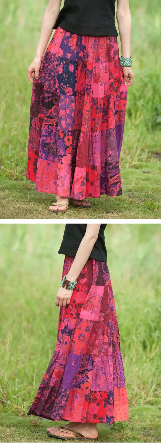 Women’s Bohemian Patchwork Maxi Skirt Holiday Beach Skirt Long Skirts Ethnic Splicing Skirt