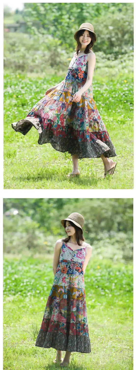 Women’s Bohemian Patchwork Midi Dress - Cotton Linen Blend Flowy Summer Sundress Casual Boho Style