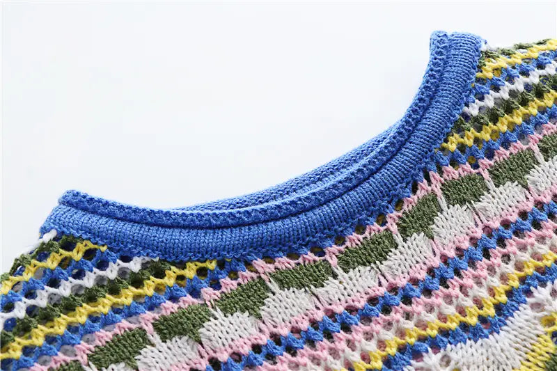 Bohemian Color Block Striped Knit Crochet Sweaters Dress Autumn Women’s Long Sleeve Crew Neck Mini Bodycon Dress