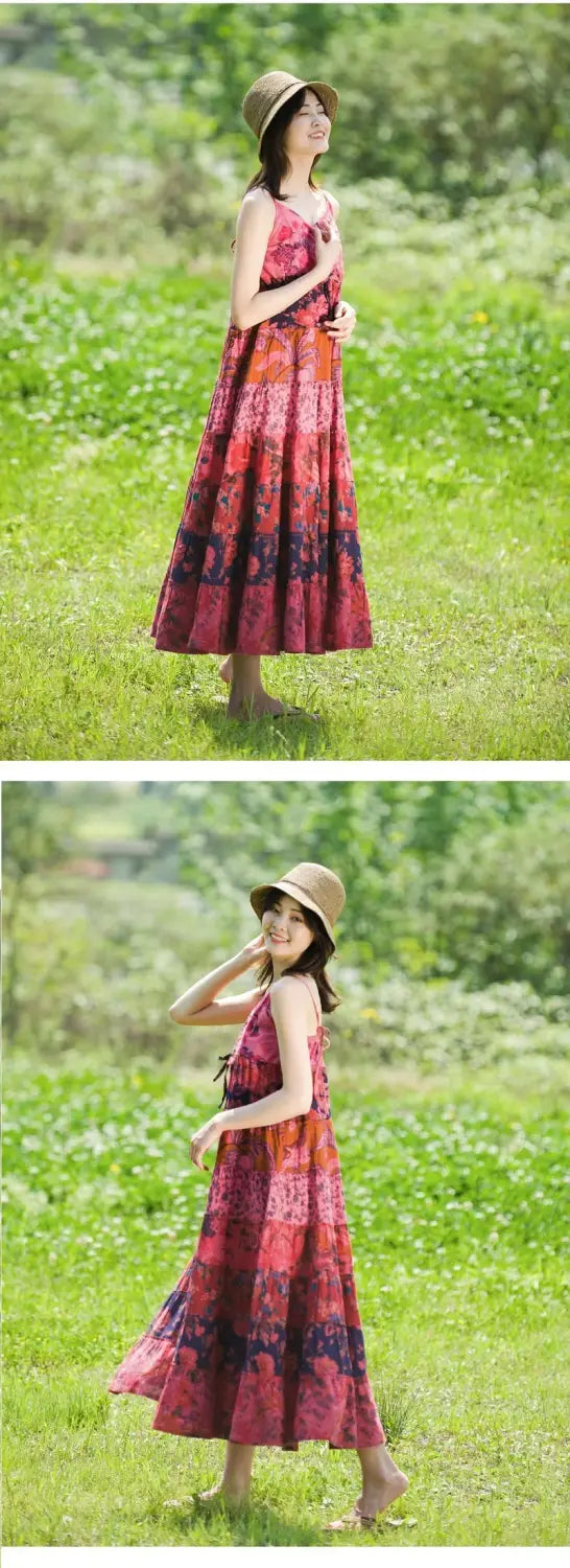 Women’s Bohemian Patchwork Midi Dress - Cotton Linen Blend Flowy Summer Sundress Casual Boho Style