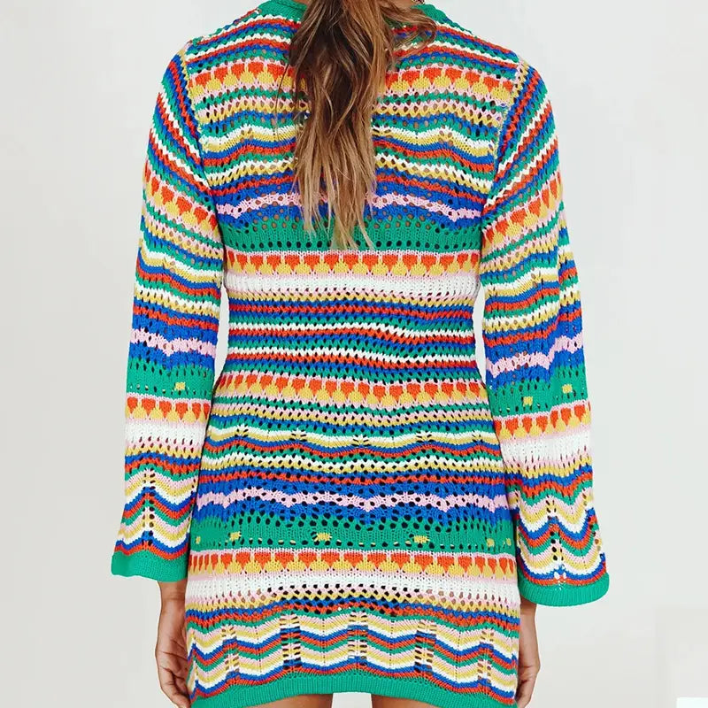 Bohemian Color Block Striped Knit Crochet Sweaters Dress Autumn Women’s Long Sleeve Crew Neck Mini Bodycon Dress