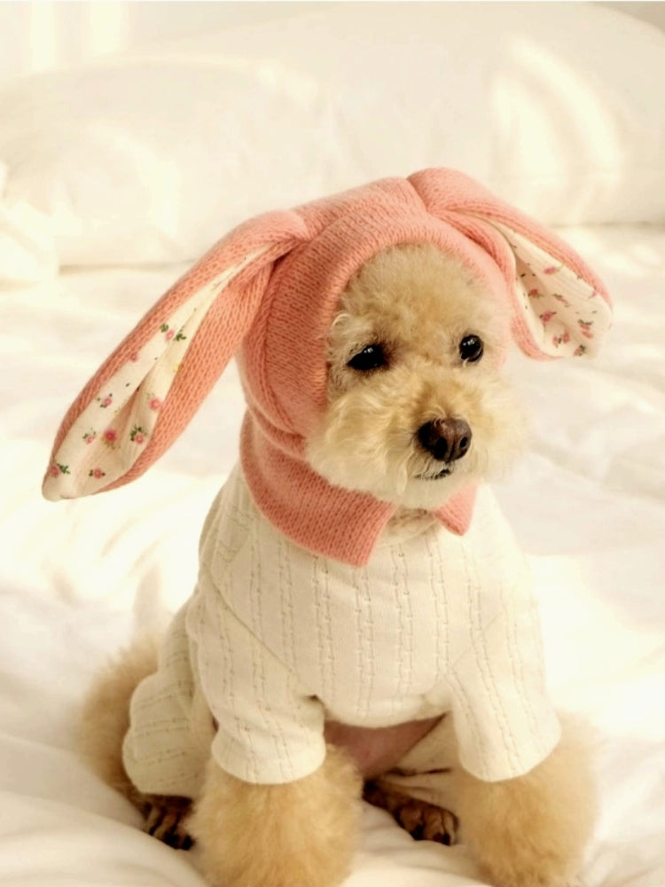 Warm Knitted Pet Hat with Cute Rabbit Ears - Casual Autumn & Winter Headwear for Dogs & Cats, Neutral Pink