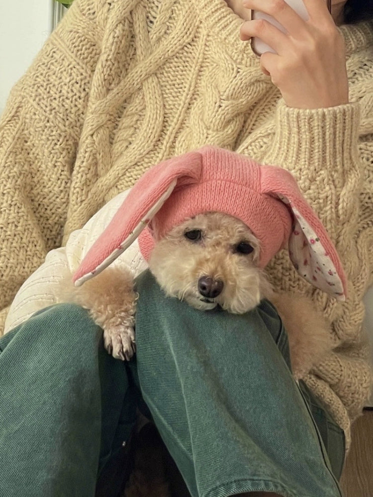 Warm Knitted Pet Hat with Cute Rabbit Ears - Casual Autumn & Winter Headwear for Dogs & Cats, Neutral Pink