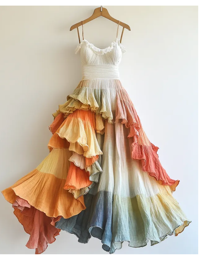 Rainbow gradient pleated linen slip dress with ombre boho design