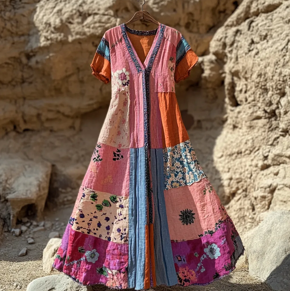 Retro floral stitching cotton and linen dress with short sleeves and patchwork design