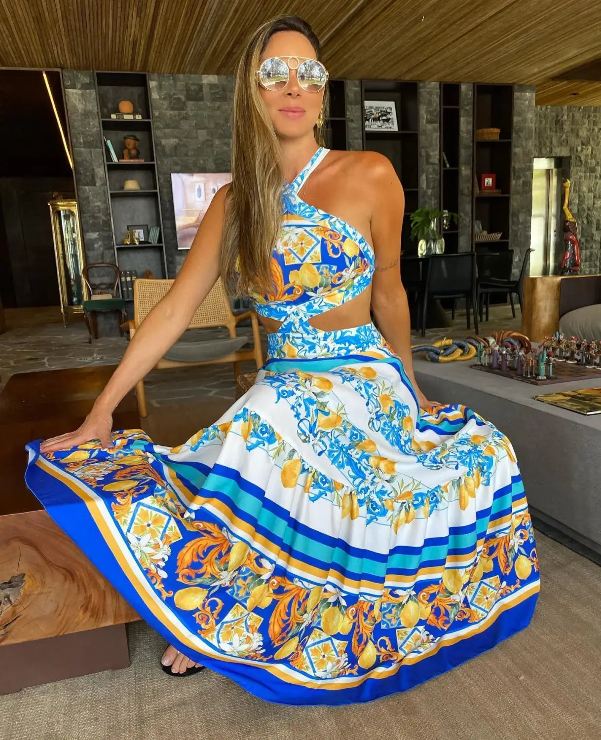 New Bohemian Sexy Printed Women Dresses Halter Sleeveless Backless Naked Waist Long Dress Fashion Summer Beach Holiday