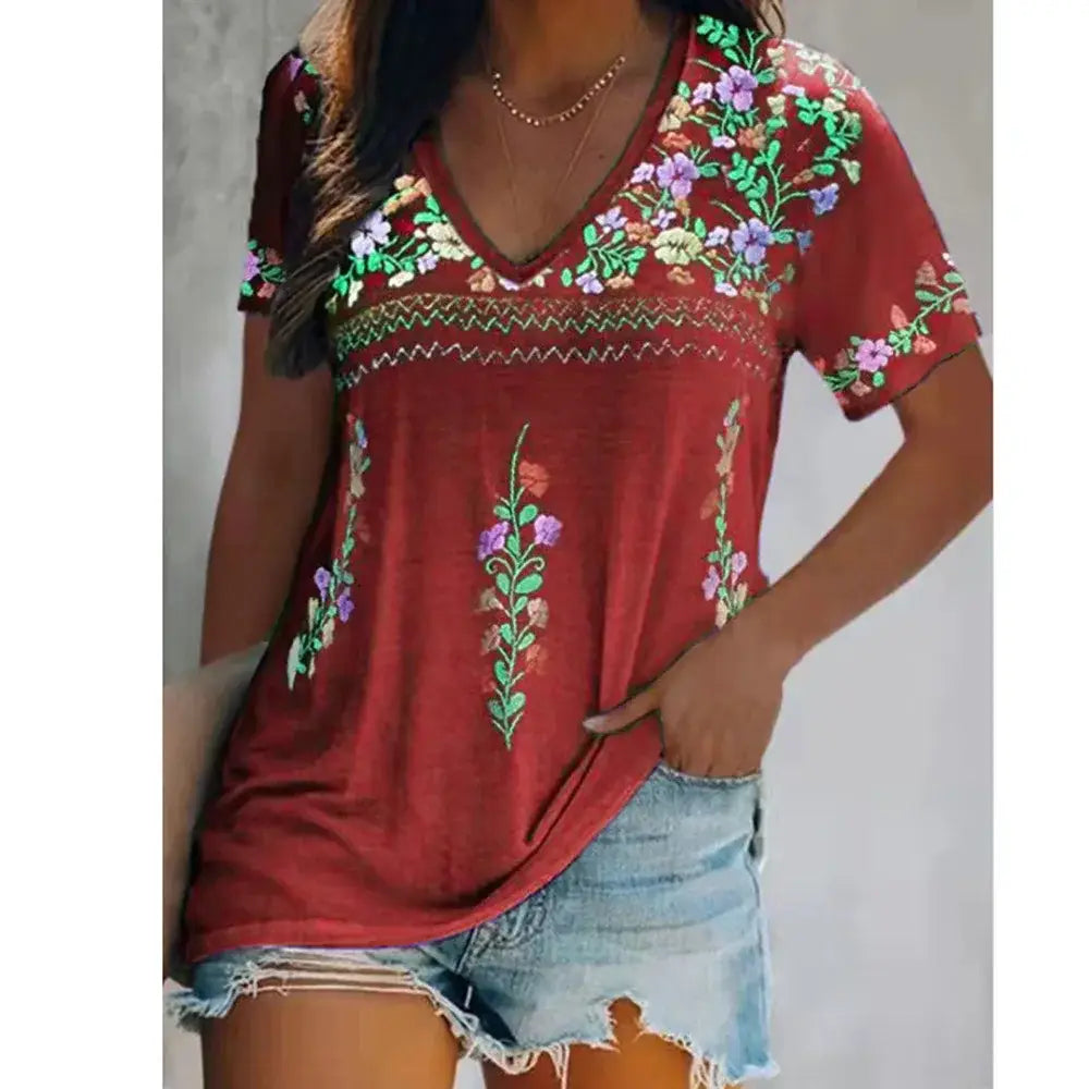 Fashion Ethnic Retro Floral 3D Print Boho T Shirt Women Streetwear V-Neck T-Shirts Harajuku Oversized Tees Tops Woman