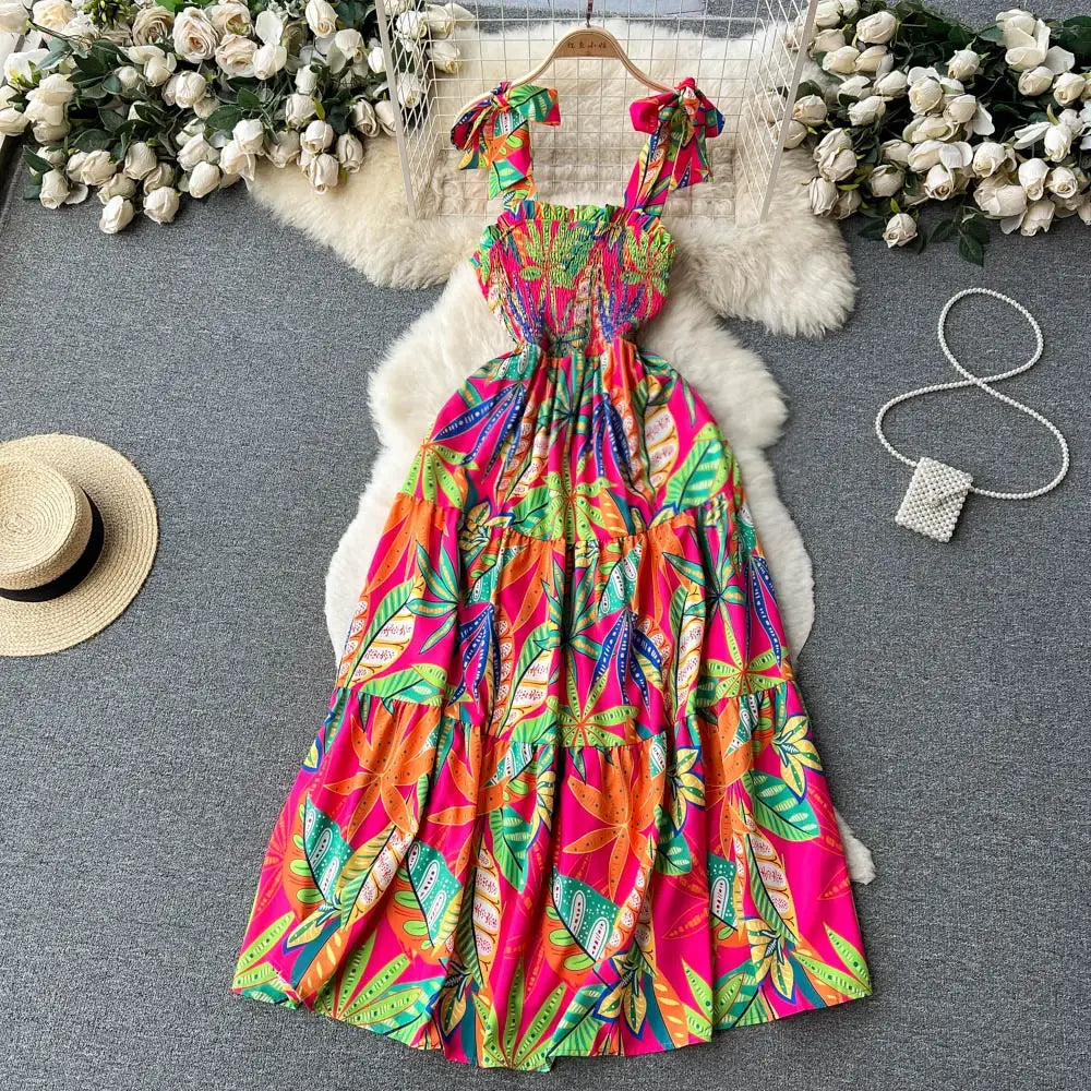 SINGREINY Summer Vacation Spaghetti Strap Long Dress Women Sleeveless Ruched Elastic Backless Dress Floral Print Beach