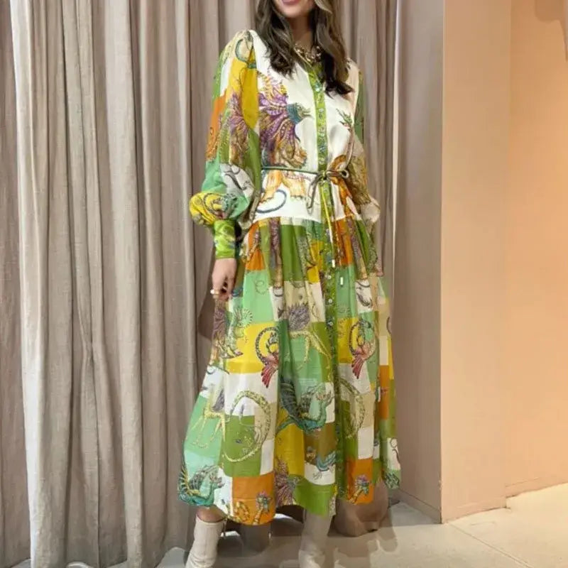 EcoChic Goddess Graffiti Lantern Sleeve Maxi Shirt Dress Vibrant Boho