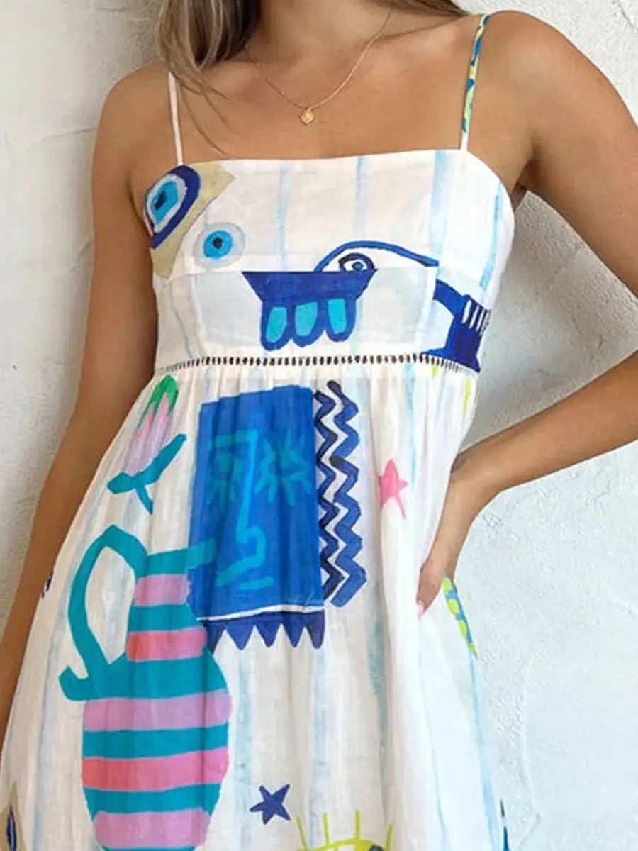 Women’s Summer Boho Spaghetti Strap Square Neck Farm Rio Dress Casual Flowy Graffiti Long Dress Beach Swing Party