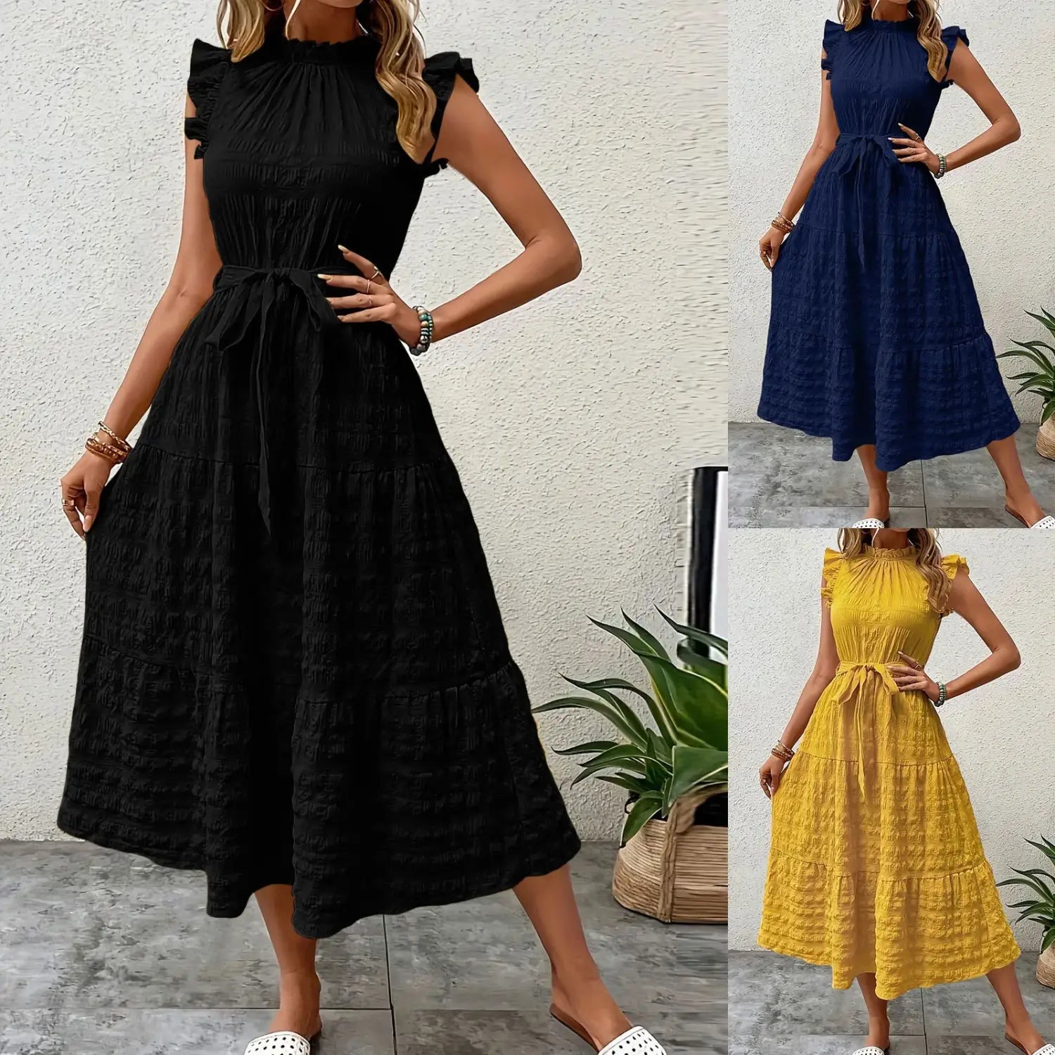 Women’s Vacation Dress Ruffles Sleeveless Maxi Dresses Summer Flowy Boho Chic Dress Solid Color Beach Sundress