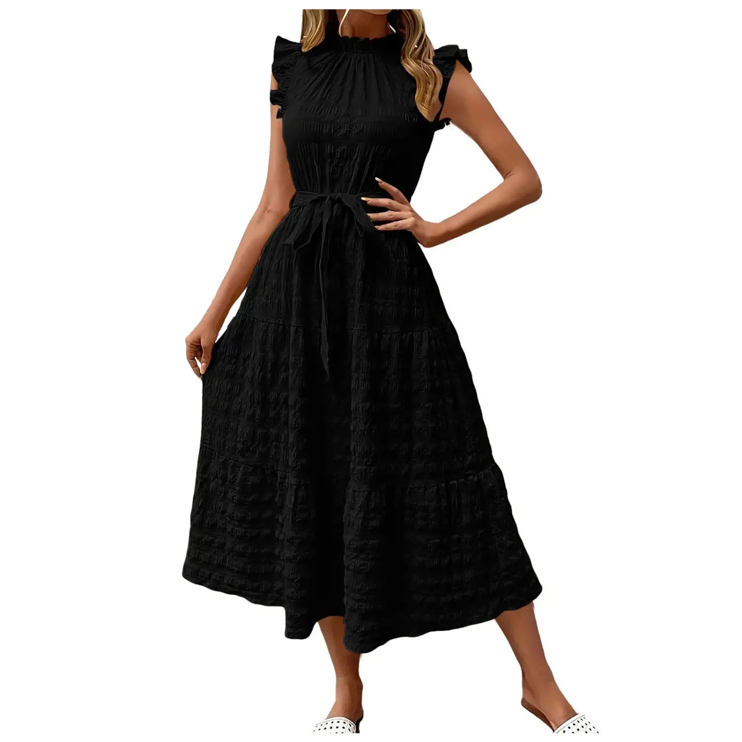 Women’s Vacation Dress Ruffles Sleeveless Maxi Dresses Summer Flowy Boho Chic Dress Solid Color Beach Sundress