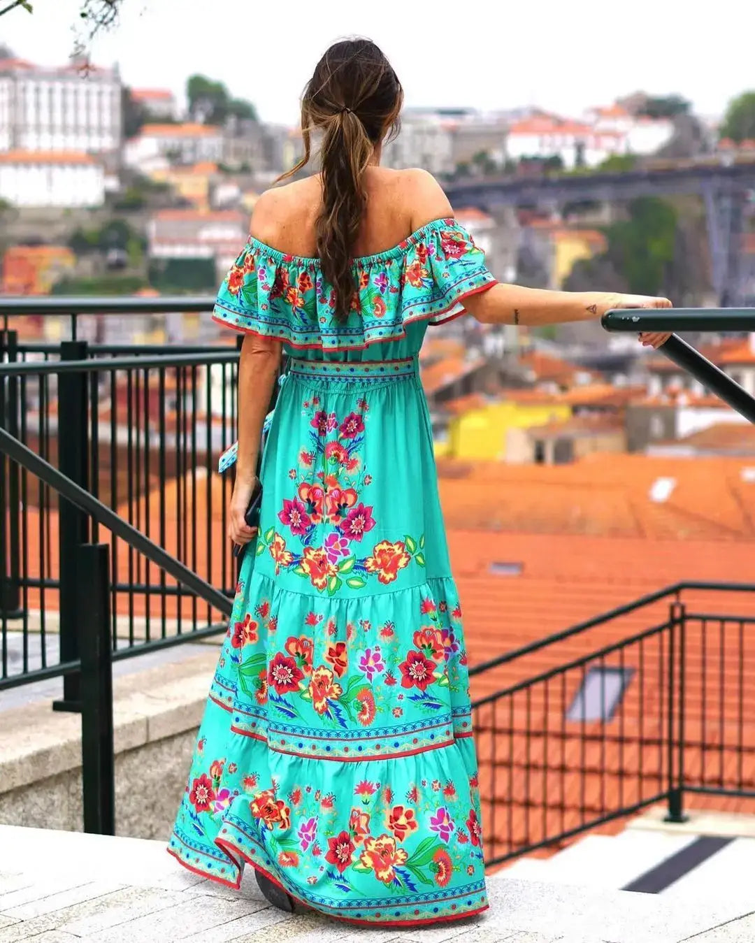 2024 Women’s New Sexy One Shoulder Off Shoulder Fashion Red Flower Printed Lace Up Waist Long Swing Dress