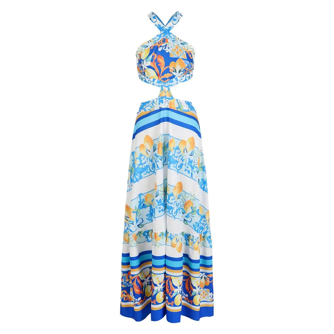 New Bohemian Sexy Printed Women Dresses Halter Sleeveless Backless Naked Waist Long Dress Fashion Summer Beach Holiday