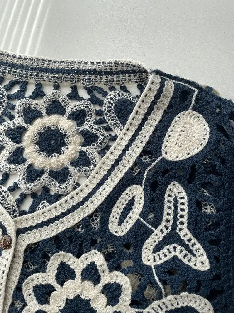 Floral Crocheted Bolero Cardigan Flower Lace Knitted Short Jacket Boho Crop Sweater Tops V-Neck Autumn/Spring Woman