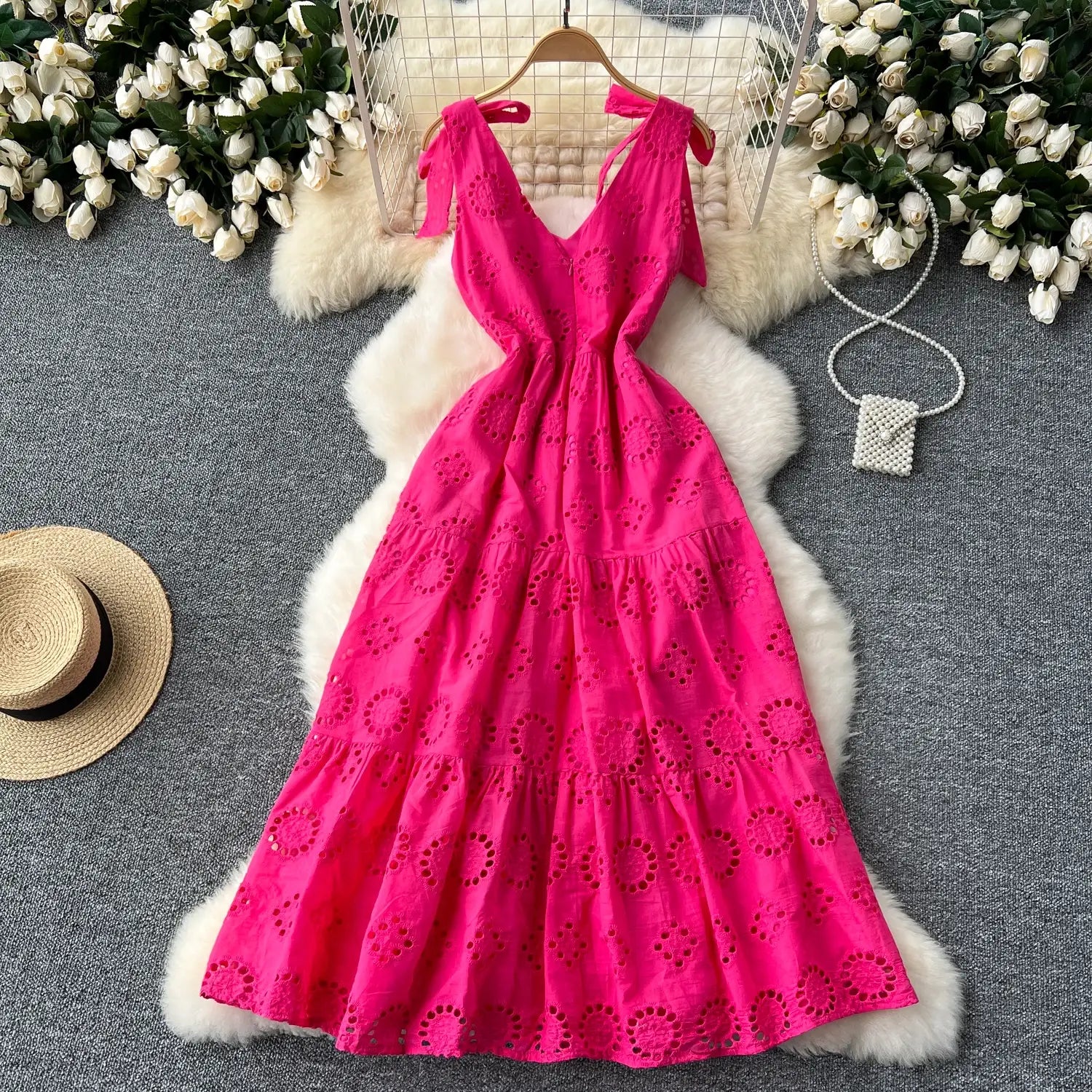 French Vintage cut out Embroidery bow Bandage slip Dress A-line Chic Casual Beach Vacation Women Summer dresses