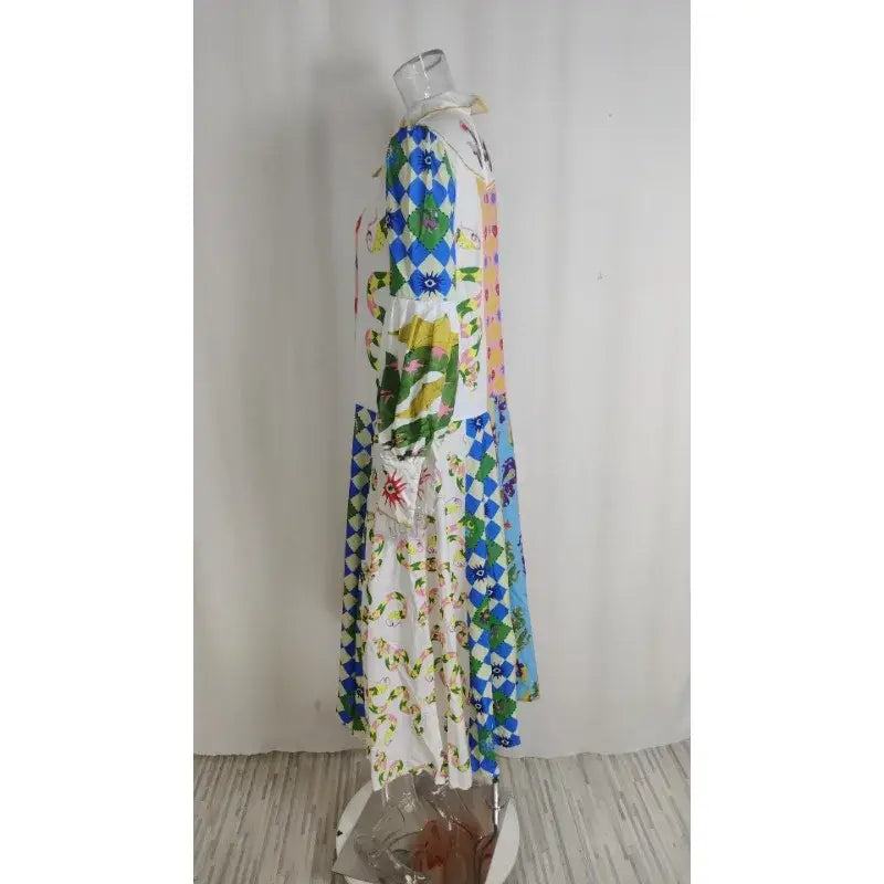 EcoChic Goddess Graffiti Lantern Sleeve Maxi Shirt Dress Vibrant Boho