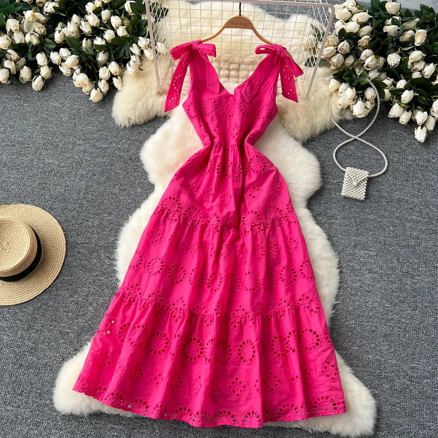 French Vintage cut out Embroidery bow Bandage slip Dress A-line Chic Casual Beach Vacation Women Summer dresses